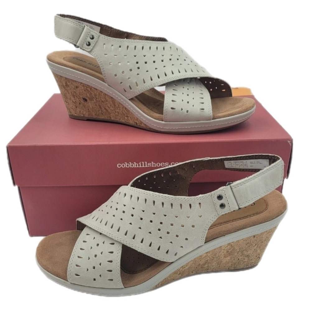 Cobb Hill Janna Slingback Wedge Sandal White Leather 9.5w Cork Wedge Perforated